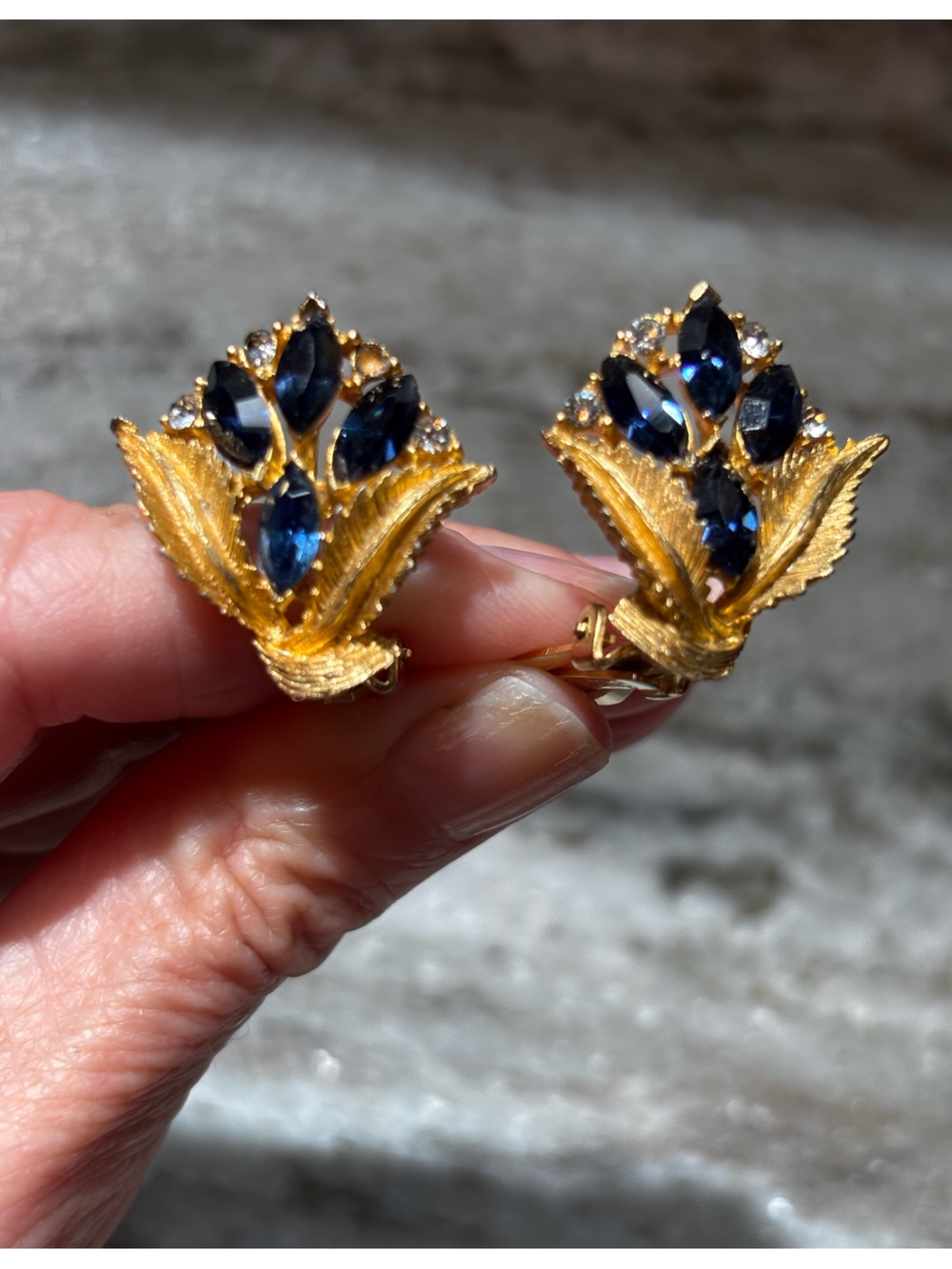 Vintage Kramer NY Blue Sapphire Marquise Rhinestone Gold Tone Spray Leaf Earring
